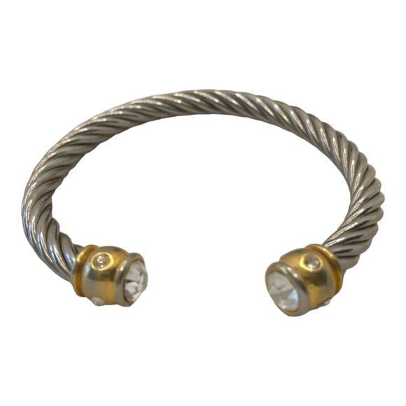 Retro Silver Rope Style Cuff Bracelet with Gold Bar on each end with rhinestones - Picture 5 of 7